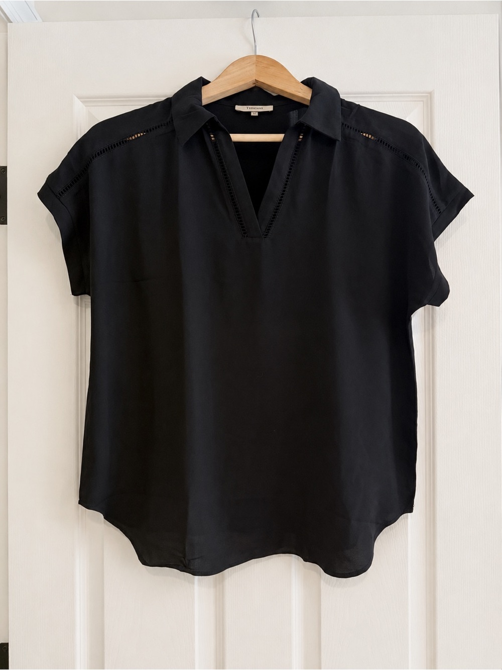 Timeson Women’s Black Blouse Medium V-Neck Collared Cap Sleeve Lightweight Top
